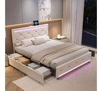 LONELYO Lit Double 140x200 cm capitonné avec 4 tiroirs, éclairage LED, Ports USB et Type-C, Tissu en Velours Blanc (140x200)