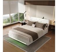 LONELYO Lit Double 140x200 cm en Lin Beige avec Éclairage LED Multicolore, Ports USB, Sommier à Lattes et Tête/Pied Rembourrés, Lit Coffre avec Espace de Rangement (140x200)