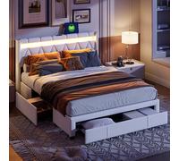 LONELYO Lit Double 160x200 avec Sommier LED et Ports USB, Lit Coffre 160x200 en Tissu Lin Beige, 4 Tiroirs Métalliques Coulissants, Tête de Lit Capitonnée - Cadre Moderne et Fonctionnel