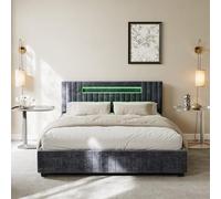LONELYO Lit Double 160x200 cm avec Coffre de Rangement Hydraulique - Velours Capitonné Gris, Éclairage LED Intégré et Cadre Robuste - Sommier Inclus [2 Personnes]