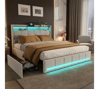 LONELYO Lit Double 160x200 cm avec Sommier Intégré, Coffre de Rangement, Tissu en Lin Beige, Éclairage LED RGB Multicolore, Ports USB et Type-C, Tête de Lit avec Étagère et 4 Tiroirs Spacieux