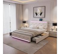 LONELYO Lit Double 160x200 cm capitonné avec 4 tiroirs, éclairage LED, Ports USB et Type-C, Tissu en Velours Blanc (160x200)