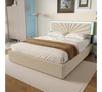 LONELYO Lit Double 160x200 cm en Lin avec Éclairage LED, Sommier à Lattes Robuste, 4 Tiroirs de Rangement Intégrés, Confort Moderne pour 2 Personnes(sans Matelas)