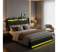 LONELYO Lit Double 160x200 cm en PU Noir avec Lumières LED, Tête et Pied de Lit Élégants, Design Moderne et Fonctionnel, Cadre Hydraulique avec Espace de Rangement