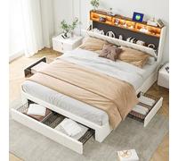 LONELYO Lit Double 160x200 cm Velours Beige avec Tête de Lit LED et Port USB, Capot Ouvrable, 4 Tiroirs Métalliques de Rangement, Lit Coffre Moderne et Élégant pour Chambre - sans Matelas