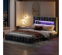 LONELYO Lit Double 180x200 cm, Design Capitonné en Velours Gris avec Éclairage LED, Gaz à Lifting et Port USB - Matelas Non Inclus