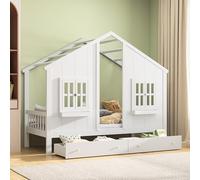 LONELYO Lit Enfant 90x200, Lit cabane Enfant, Espace de Rangement avec Deux tiroirs, Style campagnard, avec fenêtre et Toit, Blanc, Sommier 90x200, Sûr et sécurisé