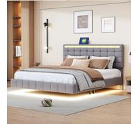 LONELYO Lit Metal 160x200,Lit 2 Personnes,avec lumière LED, Tête de lit réglable, 2 Ports USB, Pieds cachés, Structure en métal, Sûr et Facile à Monter (Gris, 160×200)