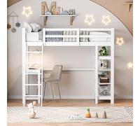 LONELYO Lit Mezzanine 1 Place 90×200, Lit Mezzanine avec Bureau, Livré avec Table et Rangement, Escaliers et rampes renforcés, Convient aux Enfants et aux Adolescents, Blanc