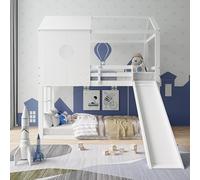 LONELYO Lit Toboggan Enfant, Lit superposé Enfant, Lits cabane 90×200cm, Design cabane en rondins, Garde-Corps renforcés, Cadre de lit en pin Massif, Blanc
