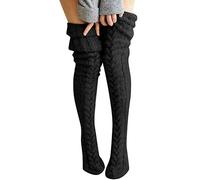 Long Cable Knit Stockings for Women, Women's Over The Knee Knit Socks, Leg Warmer Thigh High Boot Socks for Ladies, Warm on The Knees Fuzzy Long Socks (Black,One Size)