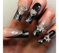 Long Coffin Black Butterfly Hand-Painted Press on Nails,3D Adorned with rhinestones,Long Coffin Press On Nails,with Glue Stick on Fingernails,Supremely Fit Natural Reusable,for Women (Heart Star)