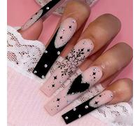 Long Coffin Black Butterfly Hand-Painted Press on Nails,3D Adorned with rhinestones,Long Coffin Press On Nails,with Glue Stick on Fingernails,Supremely Fit Natural Reusable,for Women (Snowflake)