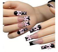 Long Coffin Black Butterfly Hand-Painted Press on Nails,3D Adorned with rhinestones,Long Coffin Press On Nails,with Glue Stick on Fingernails,Supremely Fit Natural Reusable,for Women (Pink Bow)