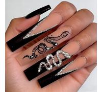 Long Coffin Black Butterfly Hand-Painted Press on Nails,3D Adorned with rhinestones,Long Coffin Press On Nails,with Glue Stick on Fingernails,Supremely Fit Natural Reusable,for Women (Snake)