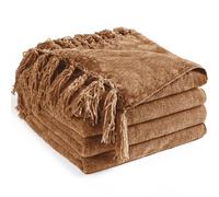 LONG CREATE Couverture double en chenille douce et confortable avec des franges pour lit, canapé, chaise, plaid décoratif en tricot léger et bohème pour canapé, 152,4 x 203,2 cm, marron clair