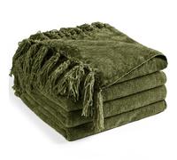 LONG CREATE Couverture en Chenille pour canapé, jeté Doux et Confortable avec Franges pour lit, Sofa, Couverture décorative en Tricot léger, Style Rustique bohème, Vert Olive,127 x 152 cm
