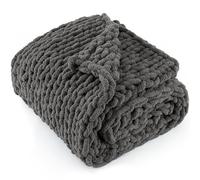 LONG CREATE Couverture en Tricot épais 100% Fait Main avec Fil Chenille Doux, 2 kg - Grand nœud en Corde - pour canapé, lit, décoration d'intérieur, Gris foncé (127 x 152,4 cm)