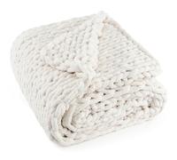 LONG CREATE Couverture en Tricot épais 100% Fait Main avec Fil Chenille Doux, 2 kg - Grand nœud en Corde pour canapé, lit, décoration d'intérieur, 127 x 152,4 cm - Blanc crème
