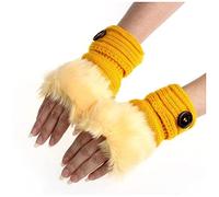 Long Gan s Noirs Fille Chaud sans doigts en peluche lapin femmes hiver fausse fille poignet mitaines Gan s Femme Cuir Fourré (Yellow, One Size)