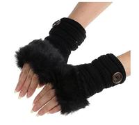 Long Gan s Noirs Fille Chaud sans doigts en peluche lapin femmes hiver fausse fille poignet mitaines Gan s Femme Cuir Fourré (Black, One Size)