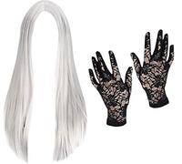 Long Grey Halloween Witches Wig with Fingerless Lace Gloves