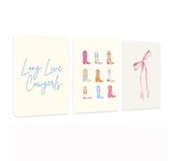 Long Live Cowgirls - Lot de 3 toiles d'art mural avec nœud rose et bottes de cowgirl bleu, jaune et rose pour chambre d'adolescente, chambre à coucher, salle de bain, 30,5 x 40,6 cm (encadré)