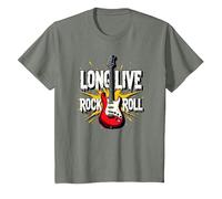Long Live Rock & Roll - Guitare emblématique pour Les Amateurs de Musique T-Shirt, Enfant, Vert Kaki chiné, 4 Ans