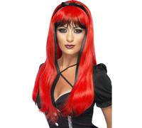 Long Noir et Rouge Halloween Perruque Ensorcelant Witches Accessoire Déguisement