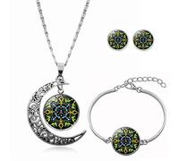 Long Pendant Necklaces for Women,Black Colorful Mandala Flower Plant,Rotating Moon Stud Earring Suit European and American Necklace Jewelry Crystal Pendant Sweater Chain Fashion Gift