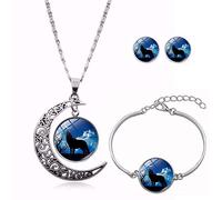 Long Pendant Necklaces for Women,Night Crescent Moon Personality Wolf Animal,Rotating Moon Stud Earring Suit European and American Necklace Jewelry Crystal Pendant Sweater Chain Fashion Gift
