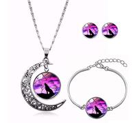 Long Pendant Necklaces for Women,Purple Round Moon Beautiful Personality Wild Wolf Animal,Rotating Moon Stud Earring Suit European and American Necklace Jewelry Crystal Pendant Sweater Chain