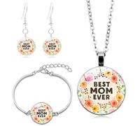 Long Pendant Necklaces for Women,The Most Beautiful Flower Mom Text Art,Double-Sided Rotation Stud Earring Suit European and American Necklace Jewelry Crystal Pendant Sweater Chain Fashion