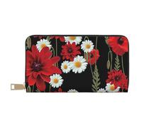 Long portefeuille en similicuir chic et élégant pour femme moderne, porte-cartes et poches de rangement, sac à main durable pour voyage quotidien avec fleur rouge et marguerite blanche, blanc, Taille