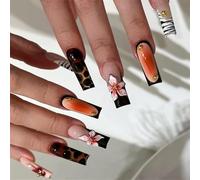 Long Square Press On Nails Léopards Floral Acrylique Stick On Fomen Women Cherche Unique Manucure Leopard Print Nail Art