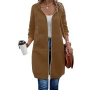 Long Zip Up Fleece Hoodie Women, Long Hoodies for Women Zip Up Tunic Jackets Long Sleeve Sweater with Side Pockets (Brown,S)