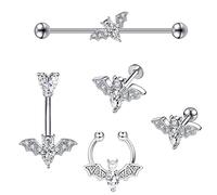 Longbeauty Piercing chauve-souris 14 G 16 G - Bijou de corps Halloween - Fer à cheval - Anneau de nez - Piercing de lèvre - Tragus - Boucle d'oreille - Piercing industriel, Acier inoxydable Zircone