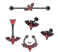 Longbeauty Piercing chauve-souris 14 G 16 G - Bijou de corps Halloween - Fer à cheval - Anneau de nez - Piercing de lèvre - Tragus - Boucle d'oreille - Piercing industriel, Acier inoxydable Zircone
