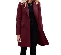 Longblazer Manteau élégant en laine classique noir pour femme - Manteau blazer long devant ouvert à revers - Veste en laine unie - Veste chaude mi-saison - Veste d'hiver, rouge, M