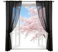 LONGCAO Rideau en Tulle Blanc 240 x 240 cm Draperies Voile en Lin Effet Demi Transparent Filtrant La Lumière Court Panneaux de Fenêtre pour Salon Chambre Décoration, Noir