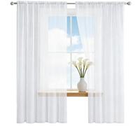 LONGCAO Rideau en Tulle Blanc 240 x 240 cm Draperies Voile en Lin Effet Demi Transparent Filtrant La Lumière Court Panneaux de Fenêtre pour Salon Chambre Décoration, Blanc