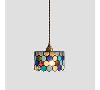 LONGDUOU Lustre d'art en mosaïque Tiffany en vitrail, suspension cylindrique en verre à motifs d'eau, luminaire suspendu for îlot de cuisine, lustre rétro marocain en laiton, hauteur réglable for l'in