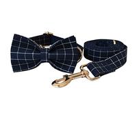 Longe Chien Bleu Marine Plaid Or Bouton Collier De Chien Laisse De Chien Collier De Cou pour Animaux De Compagnie Alliage Boucle Collier Laisse Ensemble Ceinture Chien(37-60cm)