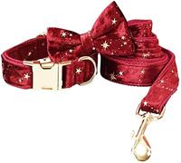 Longe Chien Collier De Chien Personnalisé Noeud Papillon en Velours Rouge De Noël Collier Et Laisse pour Animal De Compagnie avec Étoiles Dorées Ceinture Chien(37-60cm)