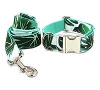 Longe Chien Feuilles Vertes Gravées De Collier De Chien De Polyester Imprimant La Laisse Élégante De Collier d'animal Familier Réglée avec Le Noeud Papillon Ceinture Chien(42-48cm)