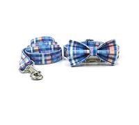 Longe Chien Harnais pour chien gilet pour chiens pas de traction évasion preuve collier et laisse pour animaux de compagnie ensemble rayures bleues chiot noeud papillon collier Ceinture Chien(31-41cm)