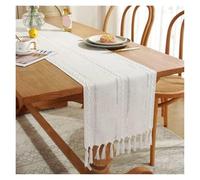 Longe de Table à Pompons Chemin de Table Rustique avec Pompons, Chemin brodé en Coton et Lin for décoration à Manger, fête Vacances, Mariage(Cream,33x120cm with Tassel)
