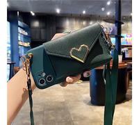 Longes à bandoulière de Luxe Love Heart Leather Hand Wallet Card Soft Case pour iPhone 14 13 12 Pro Max 11 X XR 7 8 Plus SE 6 Couverture,Vert,pour iPhone 12