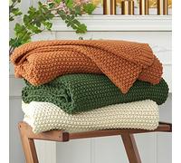 Longhui bedding Couverture légère en Tricot torsadé 100% Coton Bio pour canapé, lit, Chambre de bébé, Rustique, Shabby Chic, Style Ferme Moderne, Beige, 129,5 x 160 cm