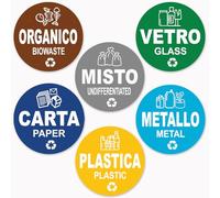 Longivia® Lot de 12 autocollants de collection différenciée format 9,5 cm de diamètre - étiquettes pour conteneurs déchets en italien et en anglais - Adhésif pour recyclage lavable, résistant aux